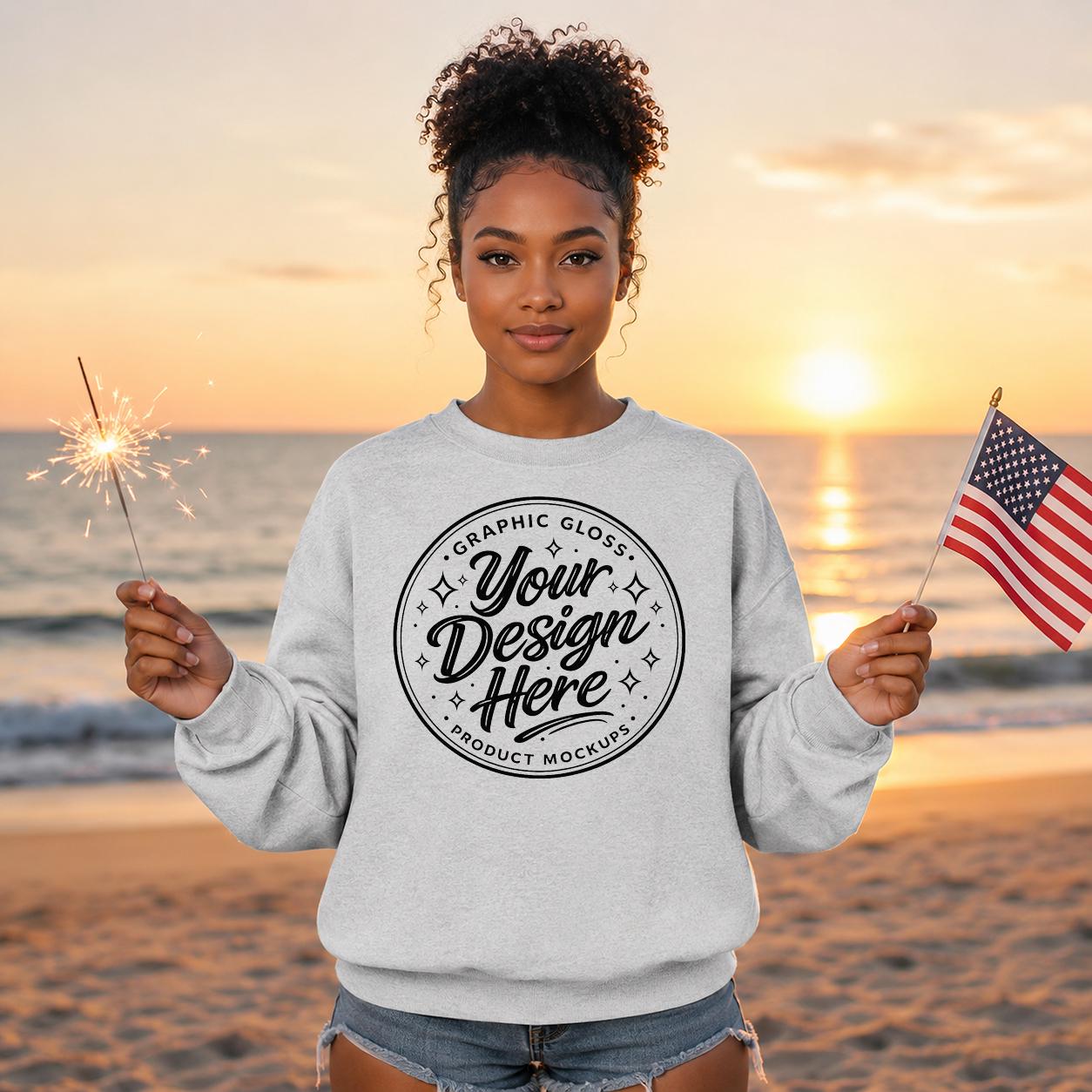 Ash Grey Gildan 18000 Mockup | Fourth of July Lifestyle Sweatshirt Mockup (Digital Download)