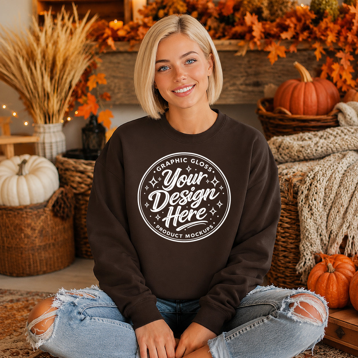 Dark Chocolate Gildan 18000 Sweatshirt Mockup | Autumn Thanksgiving Apparel (Digital Download)