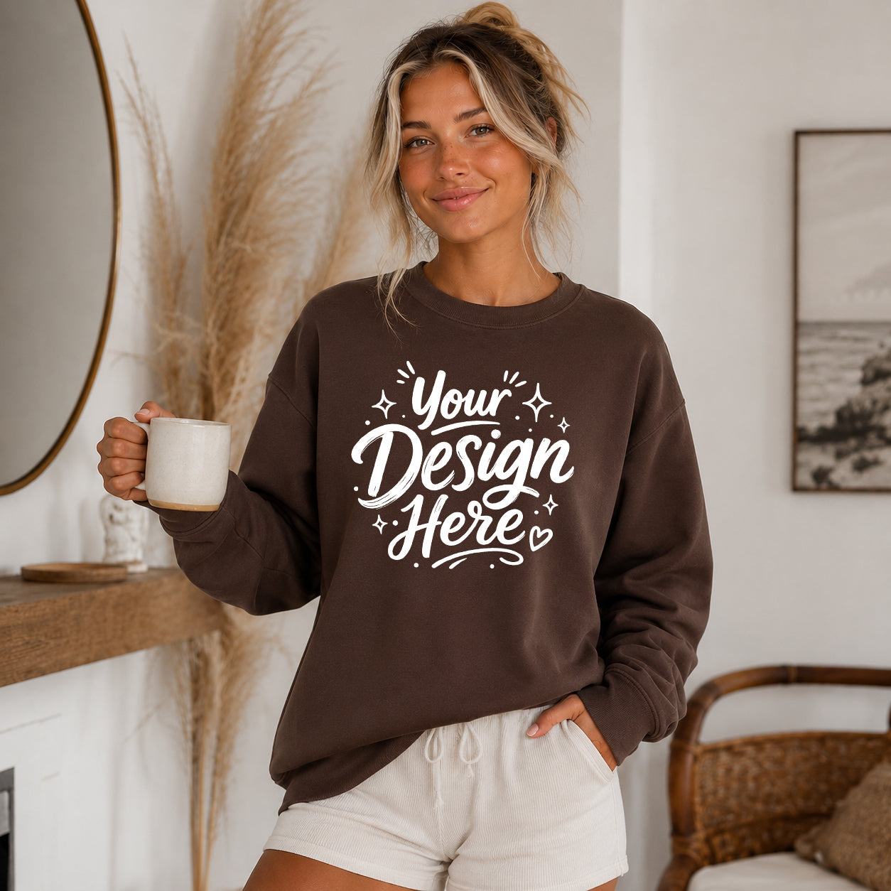 Dark Chocolate Gildan 18000 Mockup | Boho Lifestyle Sweatshirt Mockup (Digital Download)