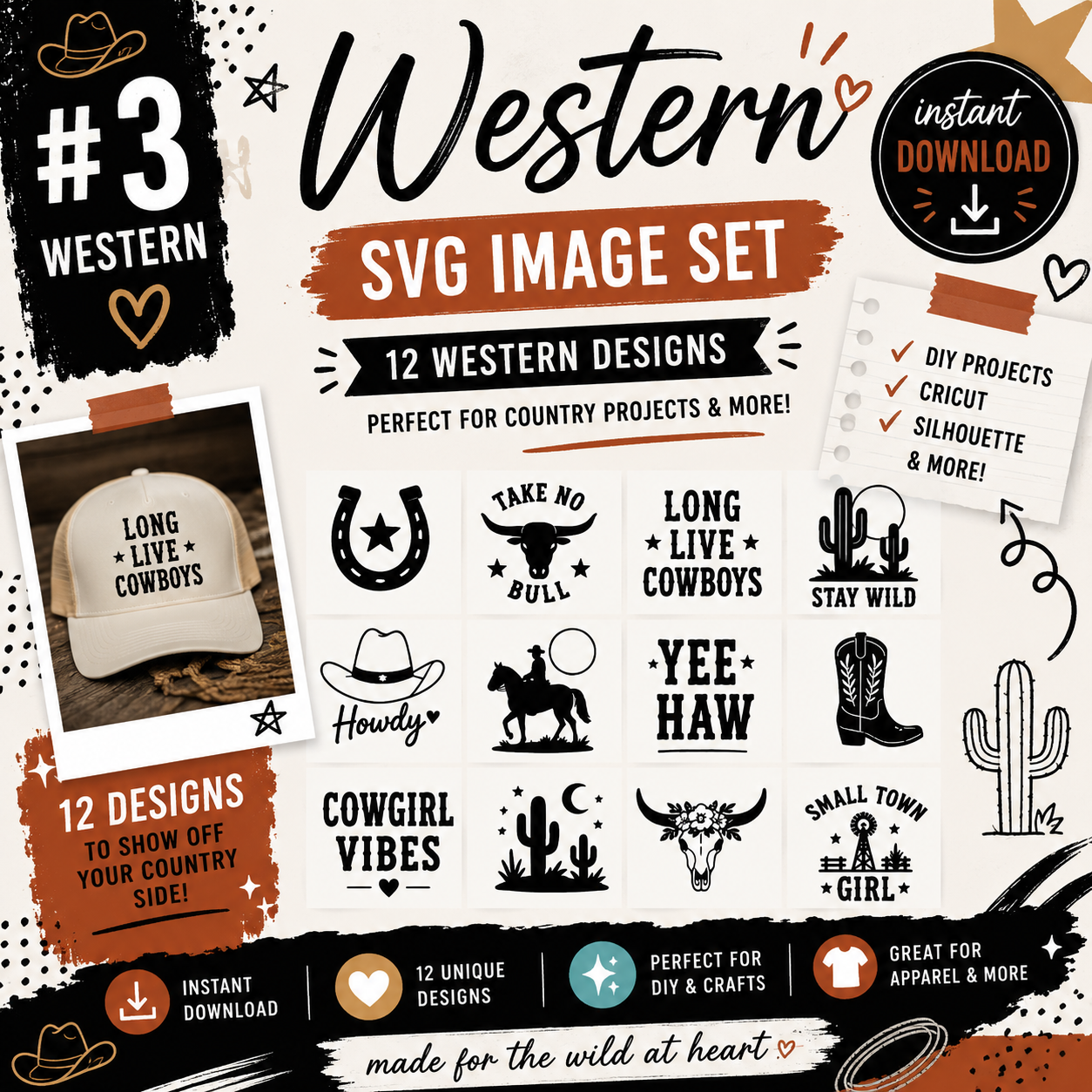 Western SVG Bundle, Cowboy Rodeo Designs, Cowgirl Boots Hat (Digital Download)