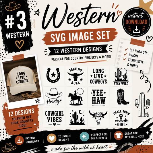 Western SVG Bundle, Cowboy Rodeo Designs, Cowgirl Boots Hat (Digital Download)