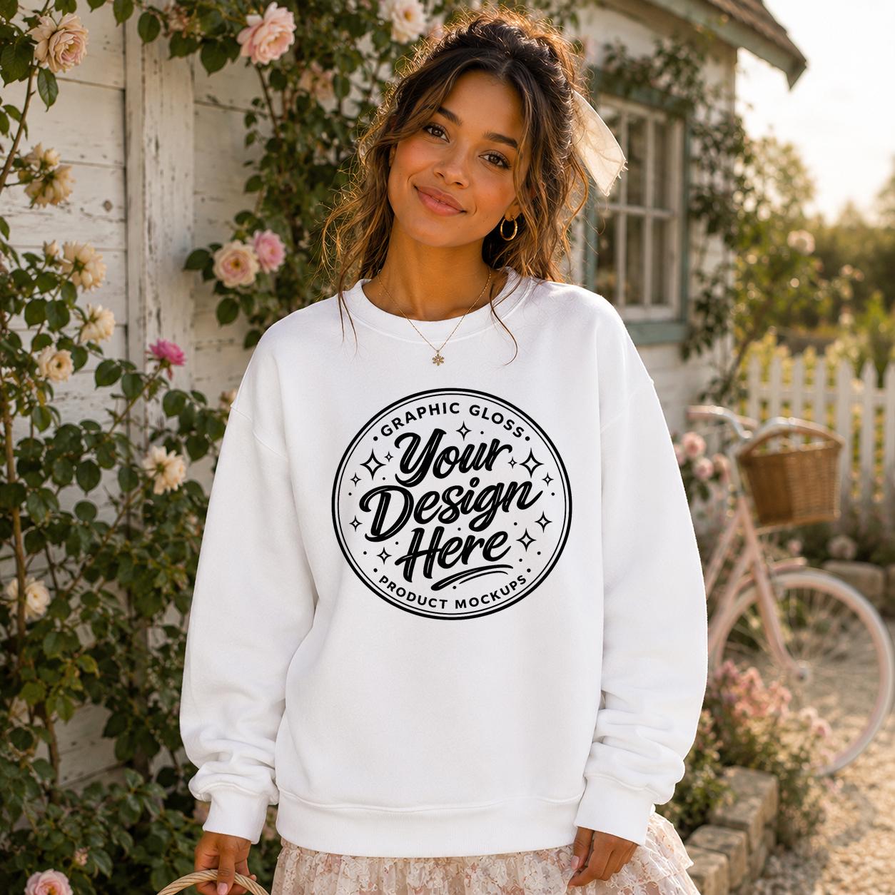White Gildan 18000 Mockup | Cottage Core Lifestyle Sweatshirt Mockup (Digital Download)