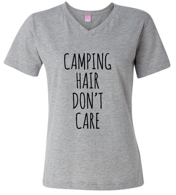 Camping Hair Don't Care Women's V-Neck T-Shirt, Vneck Tshirt, Womens Graphic Tees