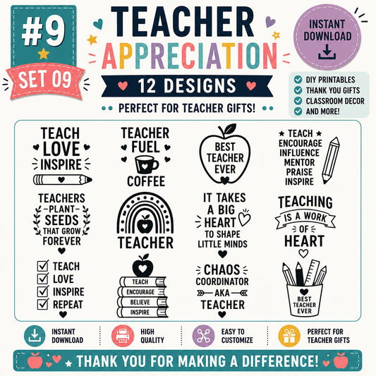 Teacher Appreciation SVG Bundle, 12 Designs, Teacher Gift Cut File (Digital Download)